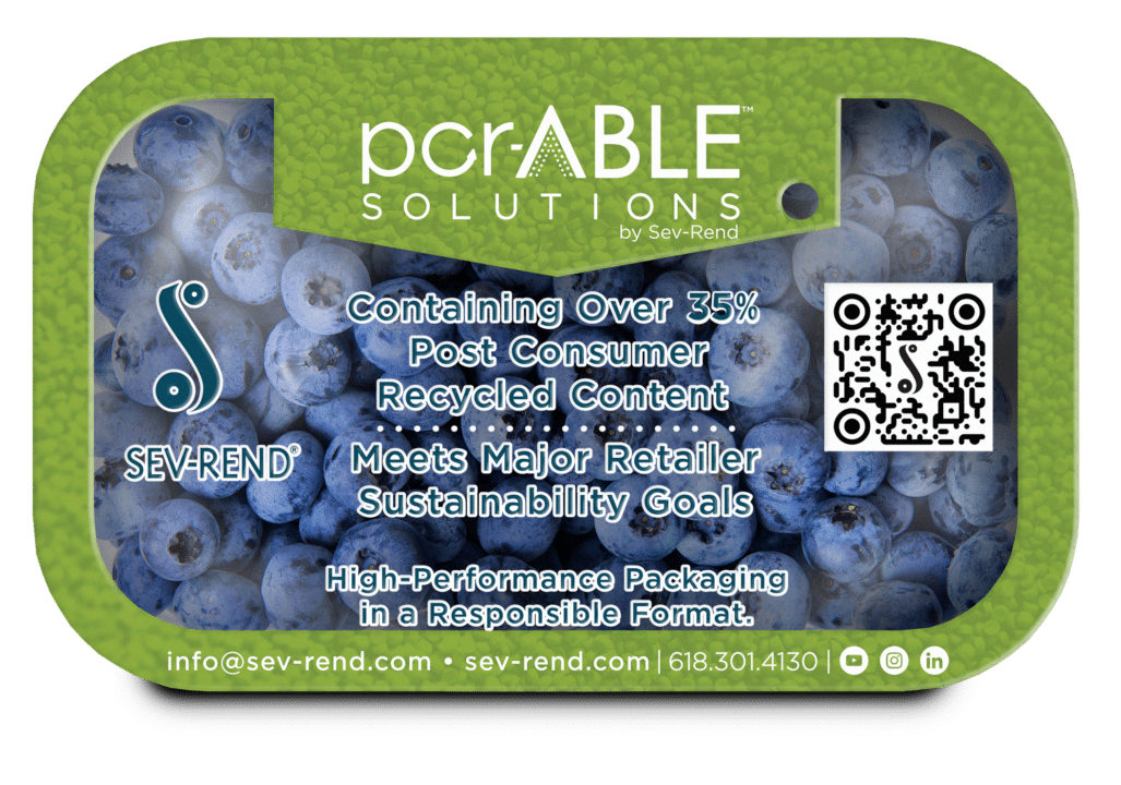PCR-able blueberry packaging with post-consumer recycled plastic film.