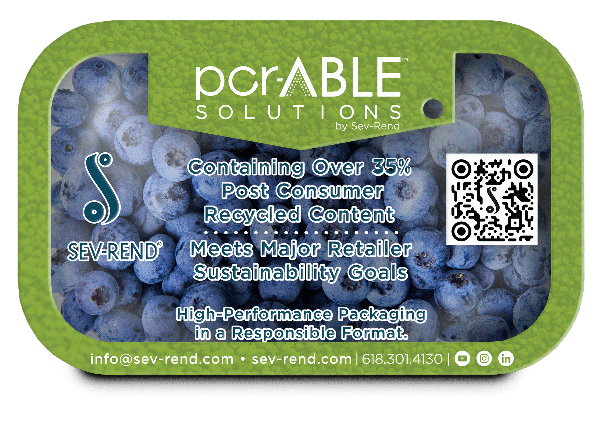 PCR-able blueberry packaging with post-consumer recycled plastic film.
